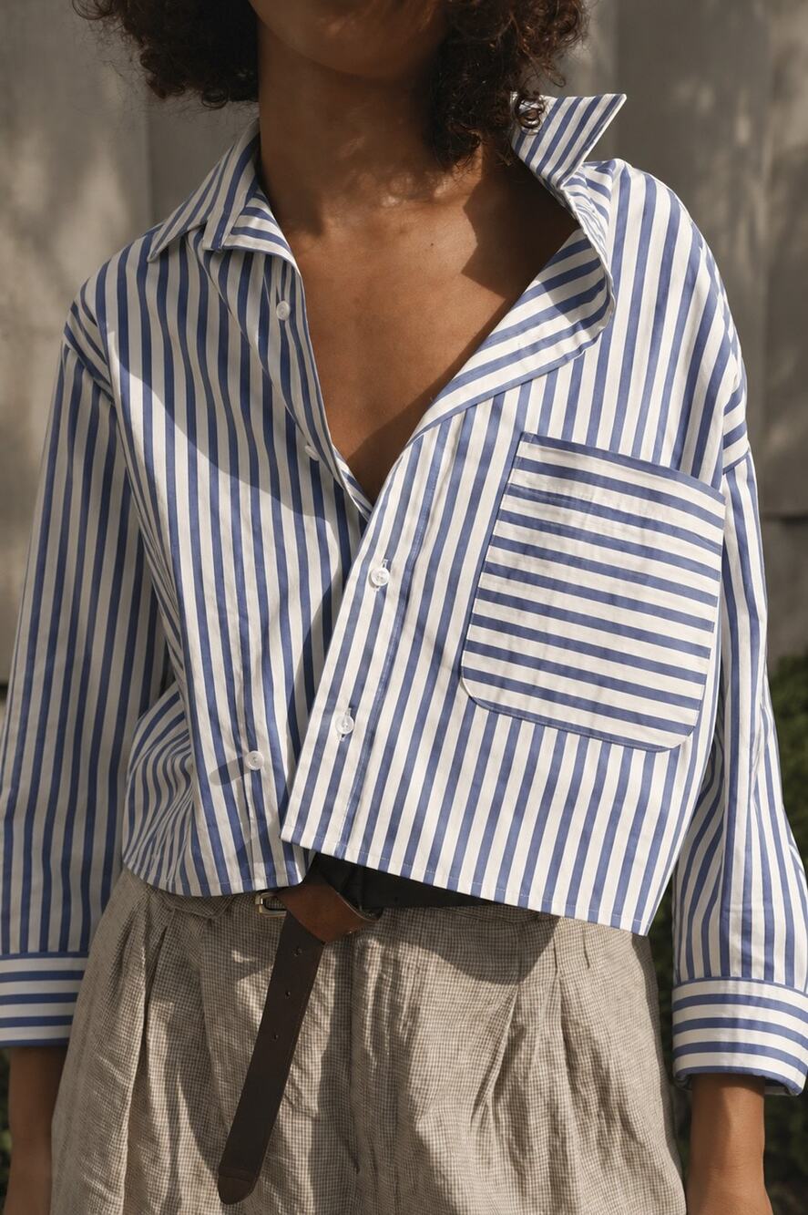 WEAR CISSA NWT Blue Striped Cotton The Shorty Button Shirt Top Blouse XS/S